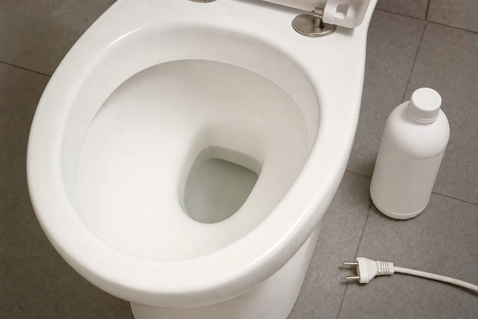 Cuvette de WC avec détartrant au fond, flacon et prise débranchée au sol