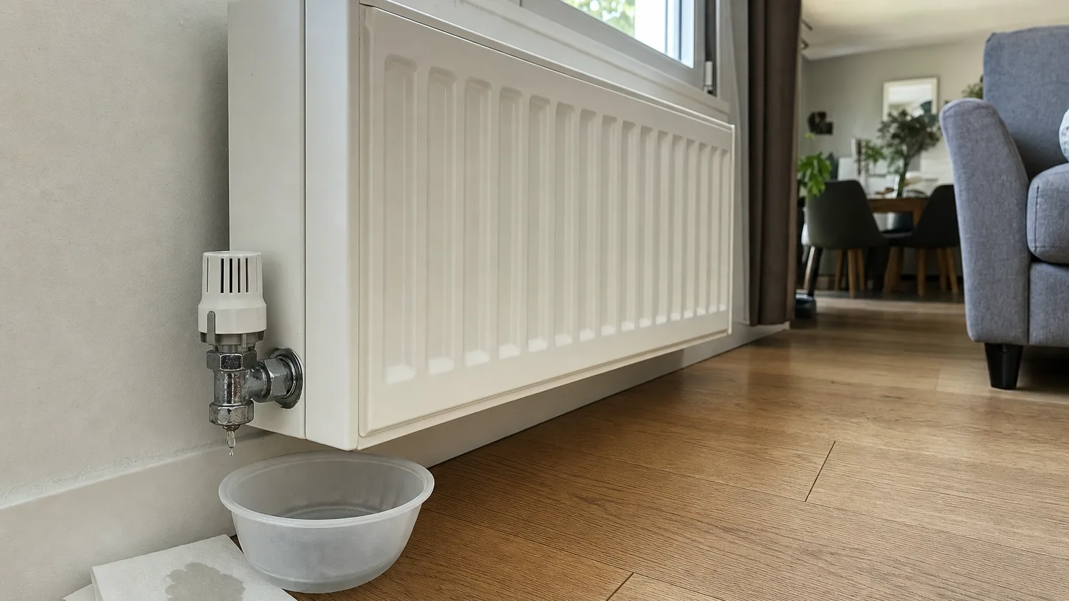 Goutte d'eau sous l'écrou du robinet d'un radiateur, papier absorbant mouillé au sol