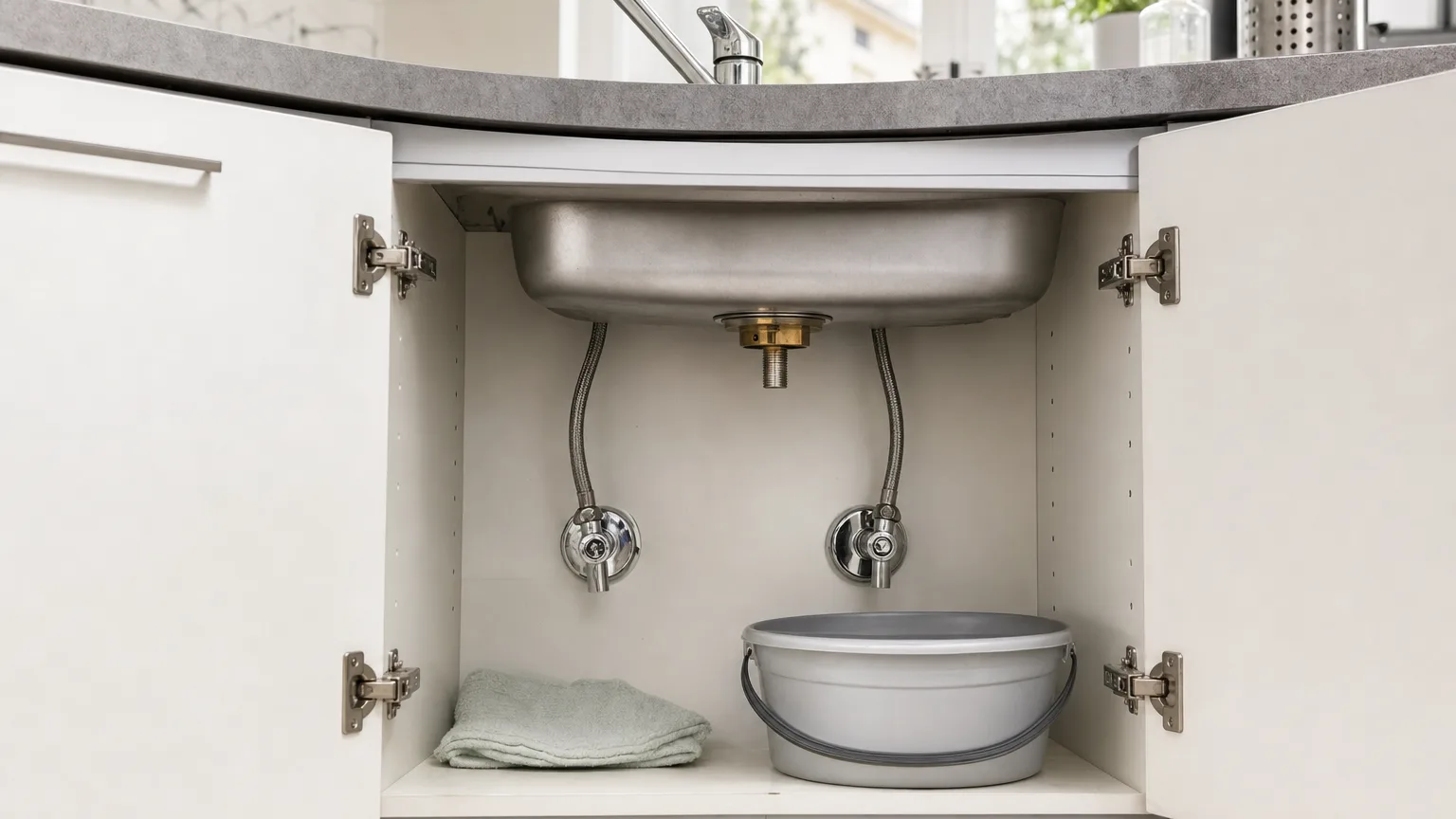Meuble sous évier ouvert avec robinets d'arrêt, flexibles et écrou de fixation du mitigeur