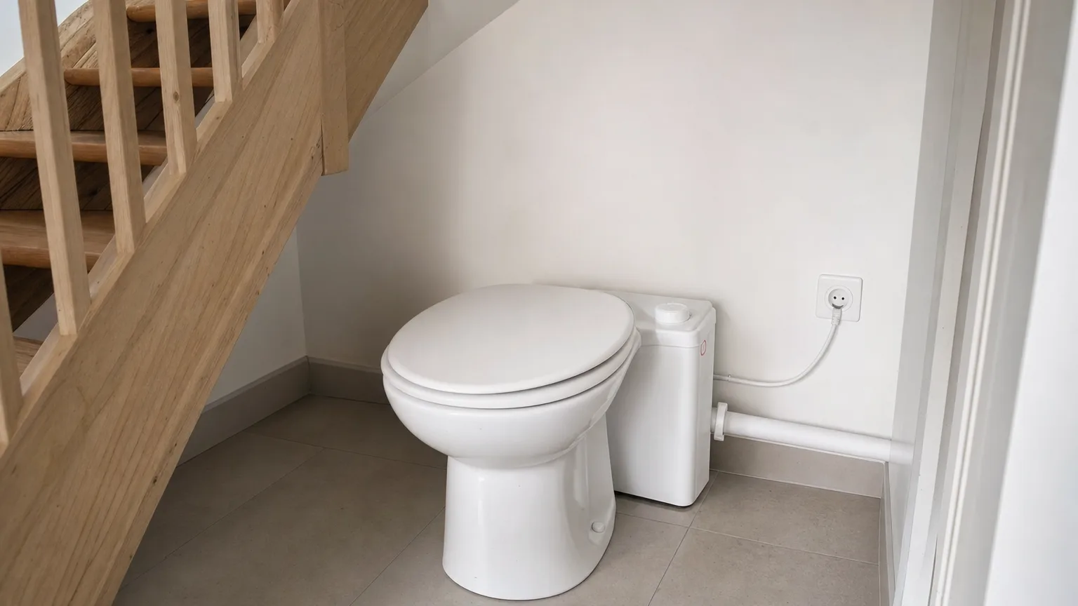 WC avec broyeur installé sous un escalier, tuyau PVC fin le long du mur