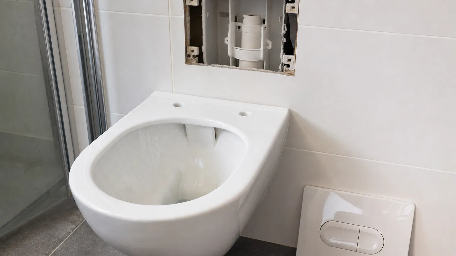 WC suspendu avec plaque de commande déposée et réservoir encastré ouvert