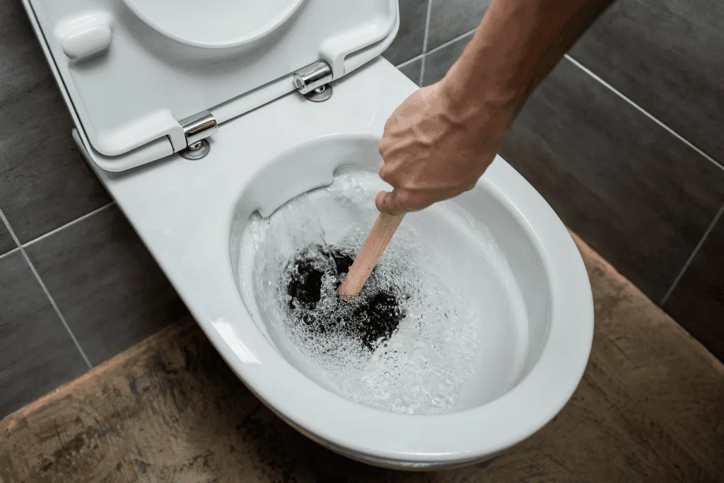 Main qui utilise une ventouse qui débouche des WC