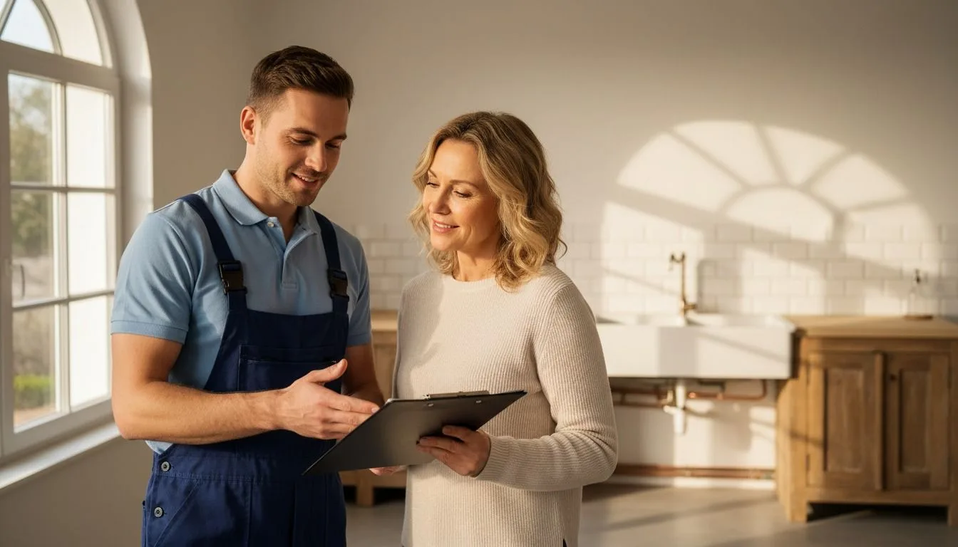 Plombier professionnel présentant un devis détaillé à un client dans une cuisine