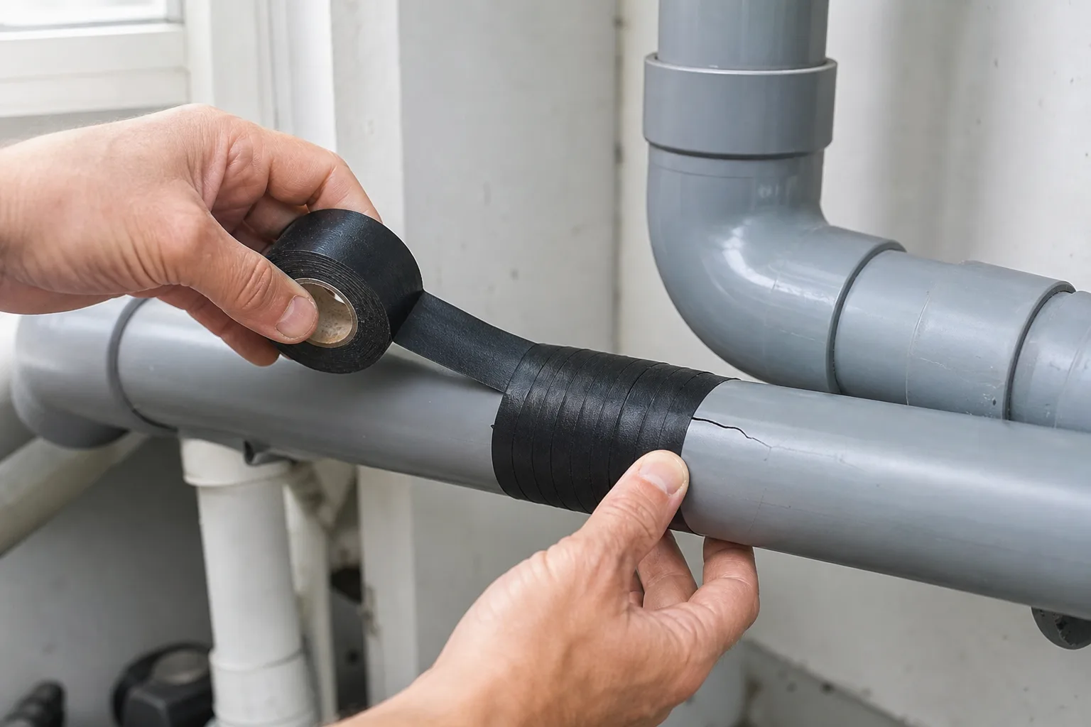 Ruban auto-amalgamant noir enroulé en spirale sur un tube PVC gris